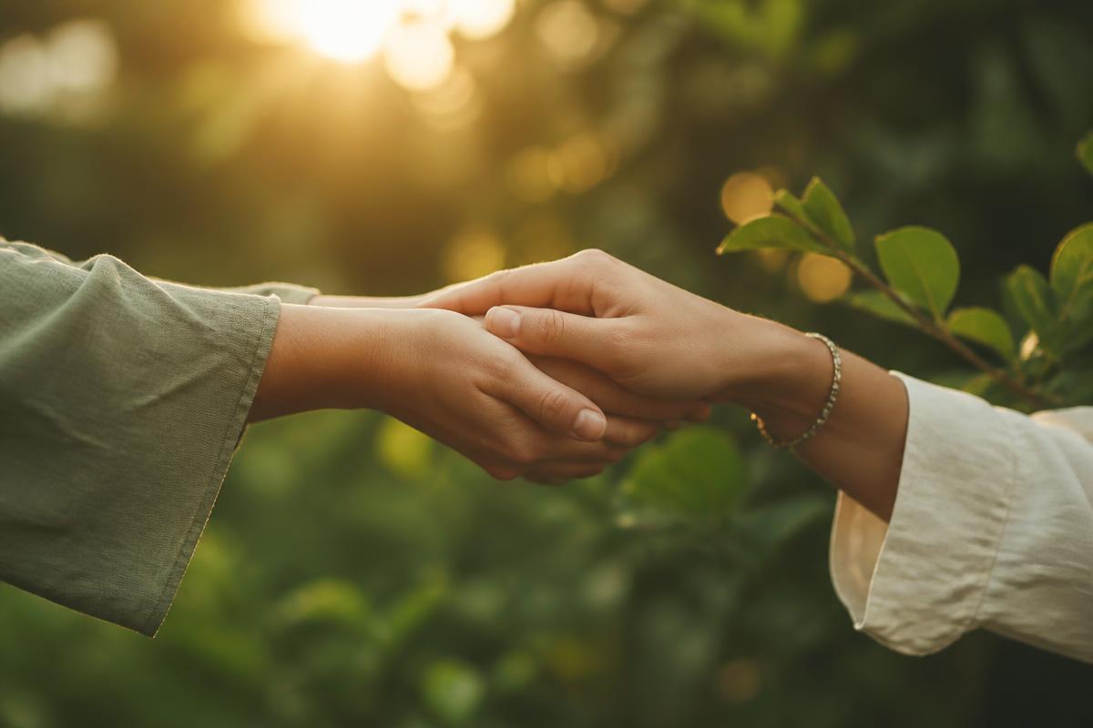 Hands connecting in nature, representing compassionate support