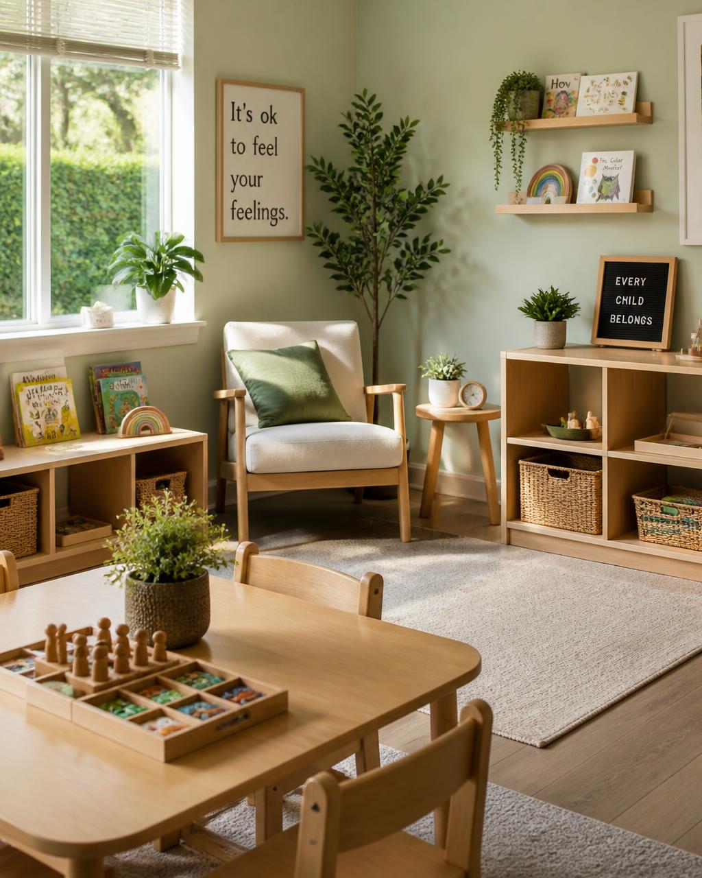 Calm, sunlit learning environment with natural wood and green plants