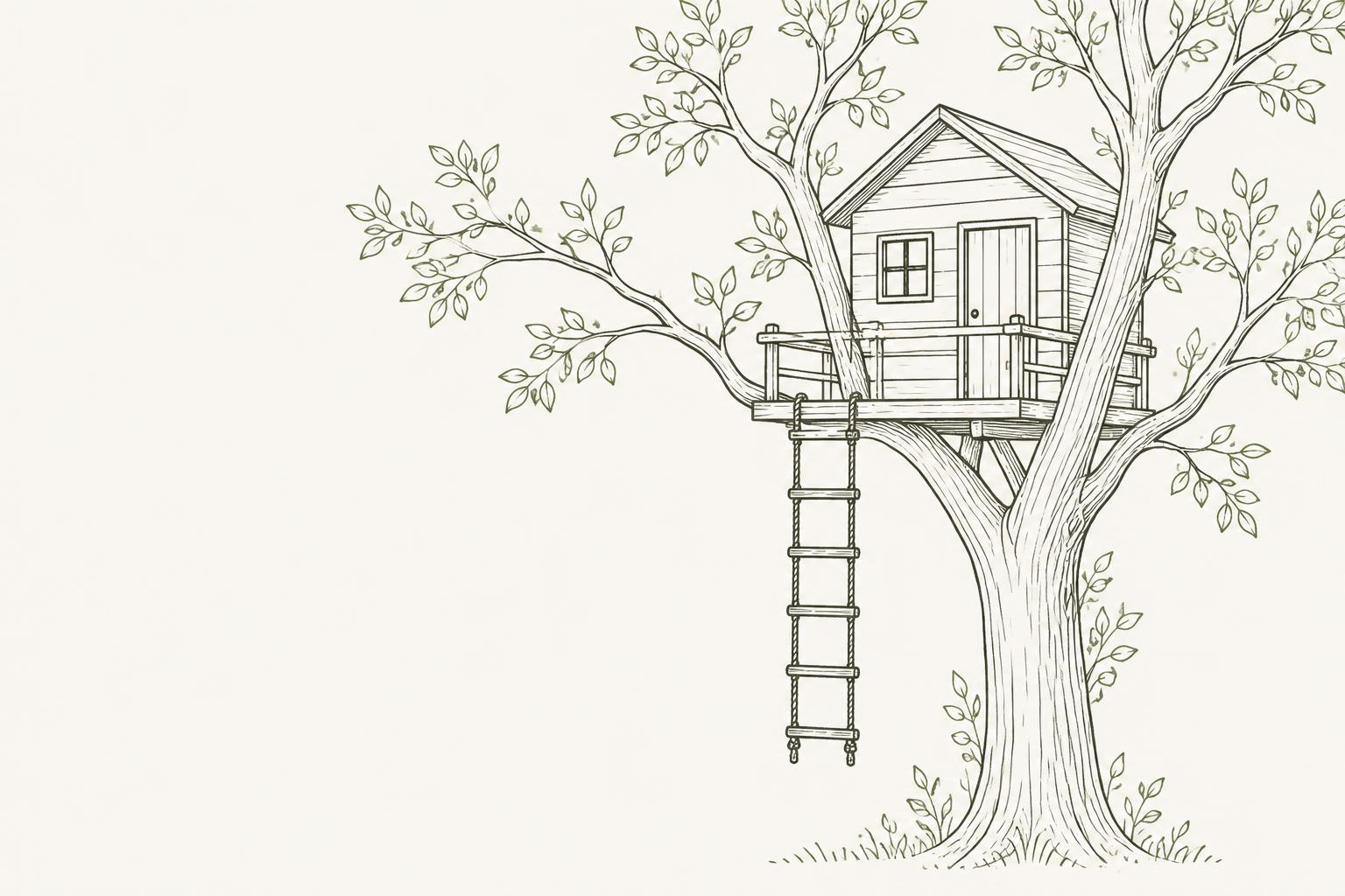 Line drawing of a treehouse with a rope ladder nestled in a leafy tree
